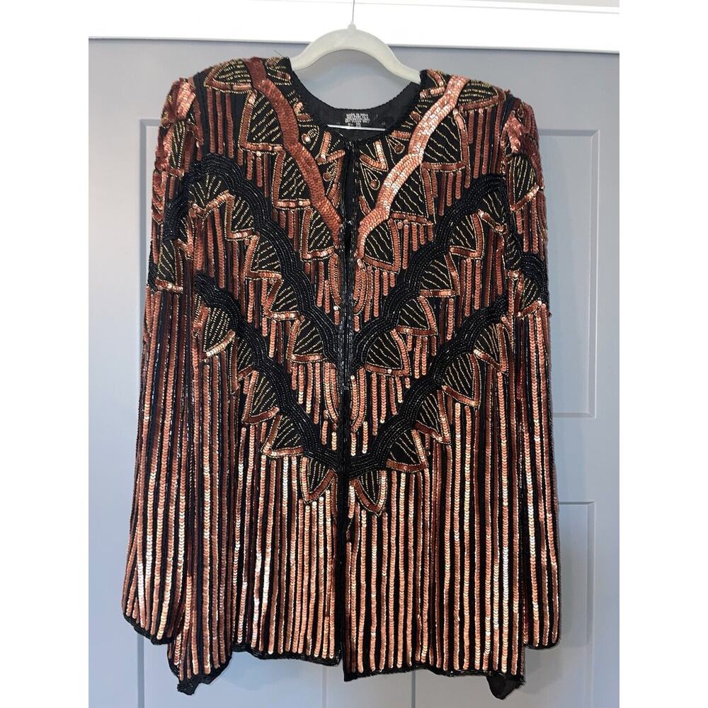 Vintage 1980's Black & Bronze Sequin Bolero Party Fun Jacket Art To Wear Cape 1X